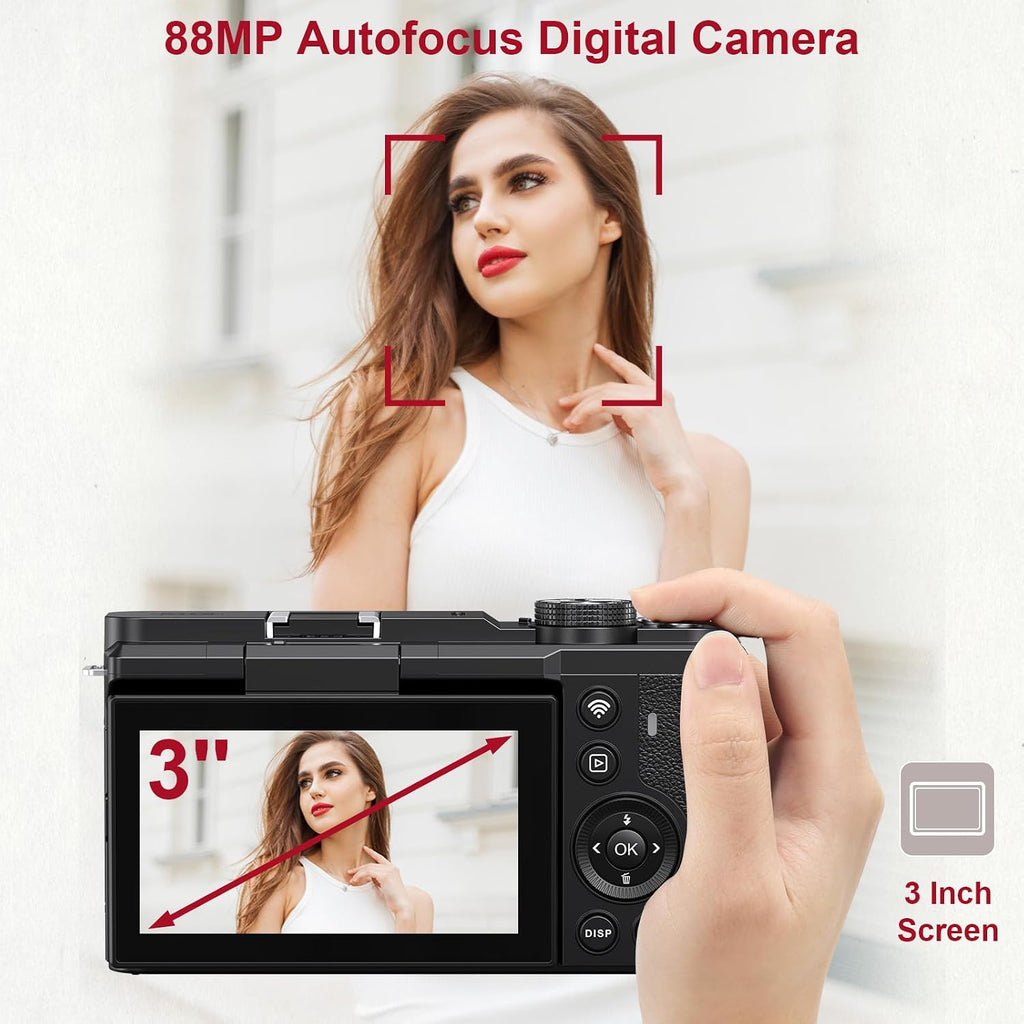 8K Digital Camera WiFi - 88MP Vlogging Cameras for Photography with 3" 180Â° Flip Screen 18X Zoom - UHD Video Camara for YouTube - Autofocus Travel Camera with Lens Hood, Memory Card, Flash