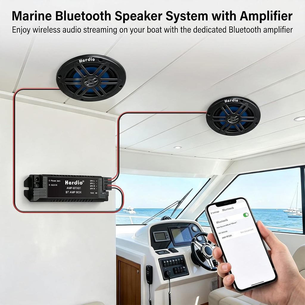 Herdio 6.5 Inch 350W Bluetooth Marine Speakers with Blue LED Light - 2 Way Waterproof Coaxial Speakers for Boats, ATVs, UTVs (A Pair, Black)