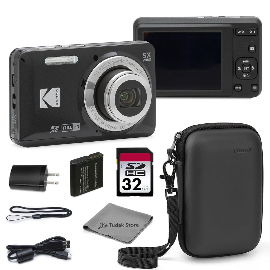 Kodak PIXPRO FZ55 Red 16MP CMOS Sensor Digital Camera 5X Optical Zoom 28mm Wide Angle 1080P Full HD Video 2.7" LCD Vlogging Camera Bundle with Tudak Compatible Case, 32GB SD Card & Microfiber Cloth