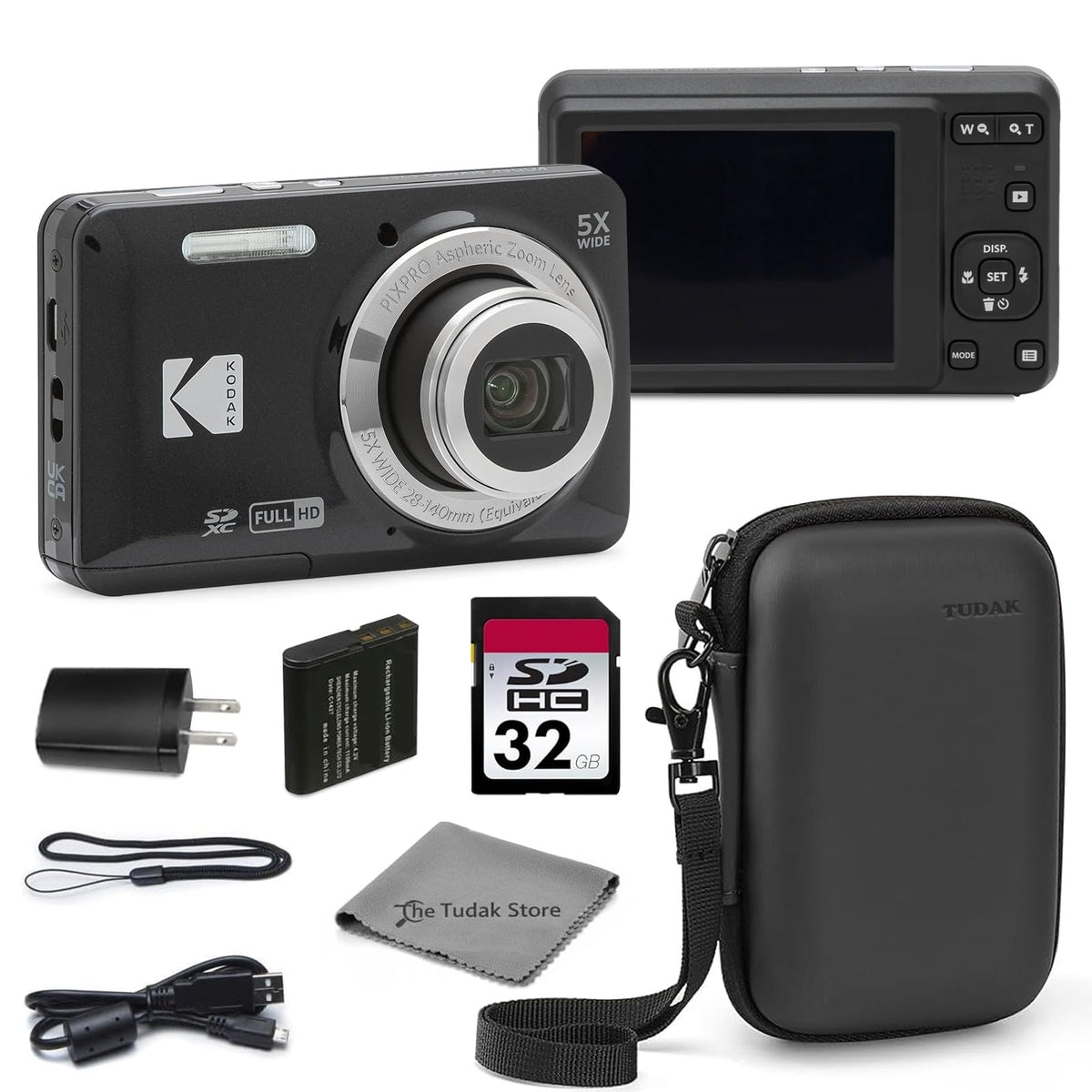 Kodak PIXPRO FZ55 Red 16MP CMOS Sensor Digital Camera 5X Optical Zoom 28mm Wide Angle 1080P Full HD Video 2.7" LCD Vlogging Camera Bundle with Tudak Compatible Case, 32GB SD Card & Microfiber Cloth