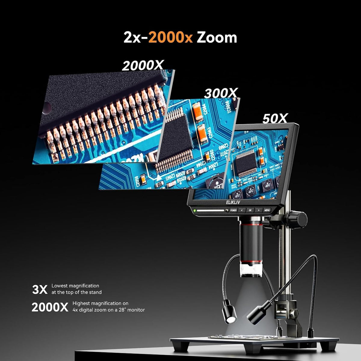 Elikliv EM4K 4K Coin Digital Microscope, 8" 52MP HDMI Soldering Microscopes