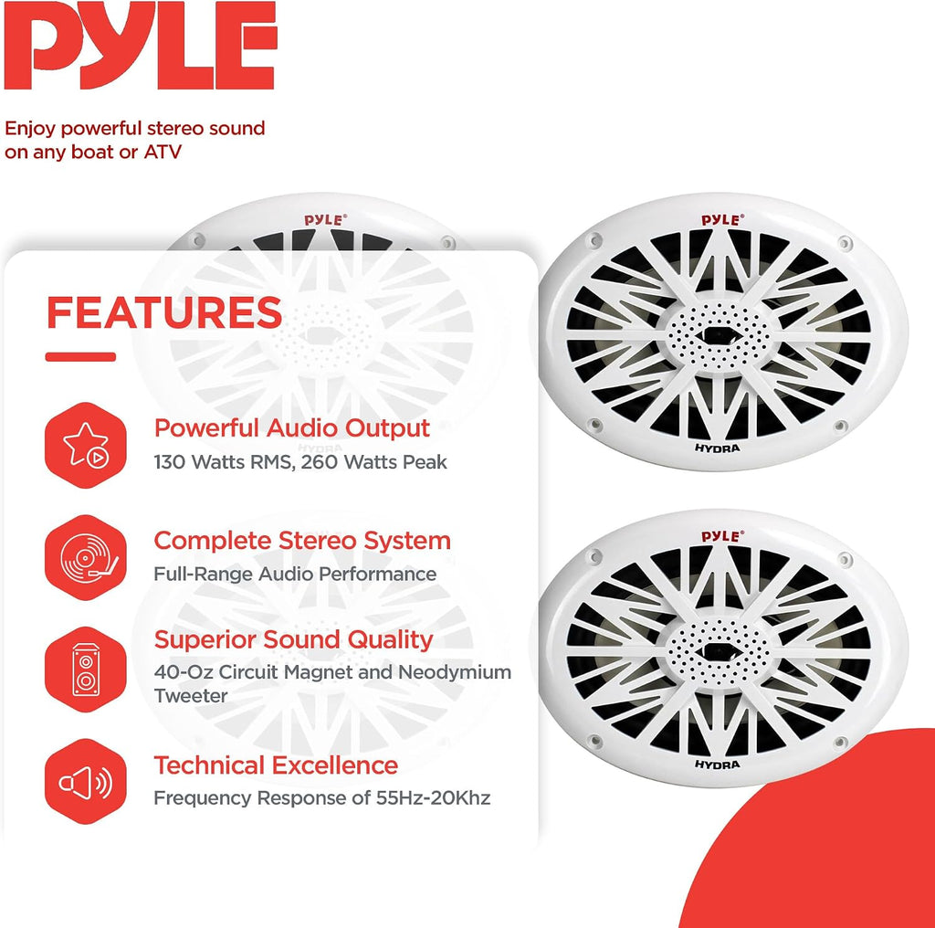 Pyle 6 x 9 Inch 260W Water-Resistant Marine Audio Speakers, White, 4-Pack
