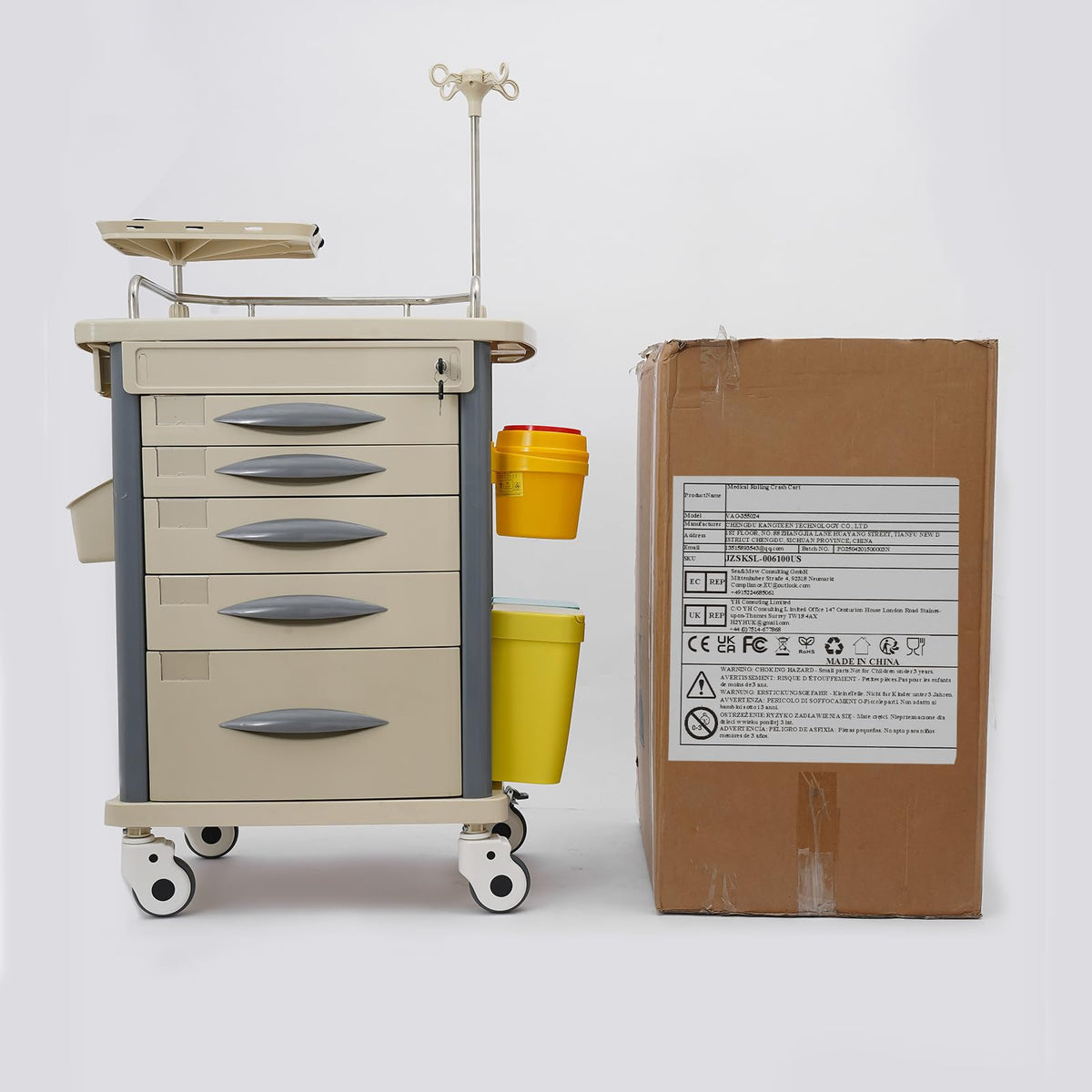 Medical Rolling Crash Cart, Medical Trolley 5 Drawers and Power Strip, Mobile Medical Cart for Clinic, Hospital, Nursing Center, Lockable Storage, Safety Retention Straps, Tag Slots (Blue)