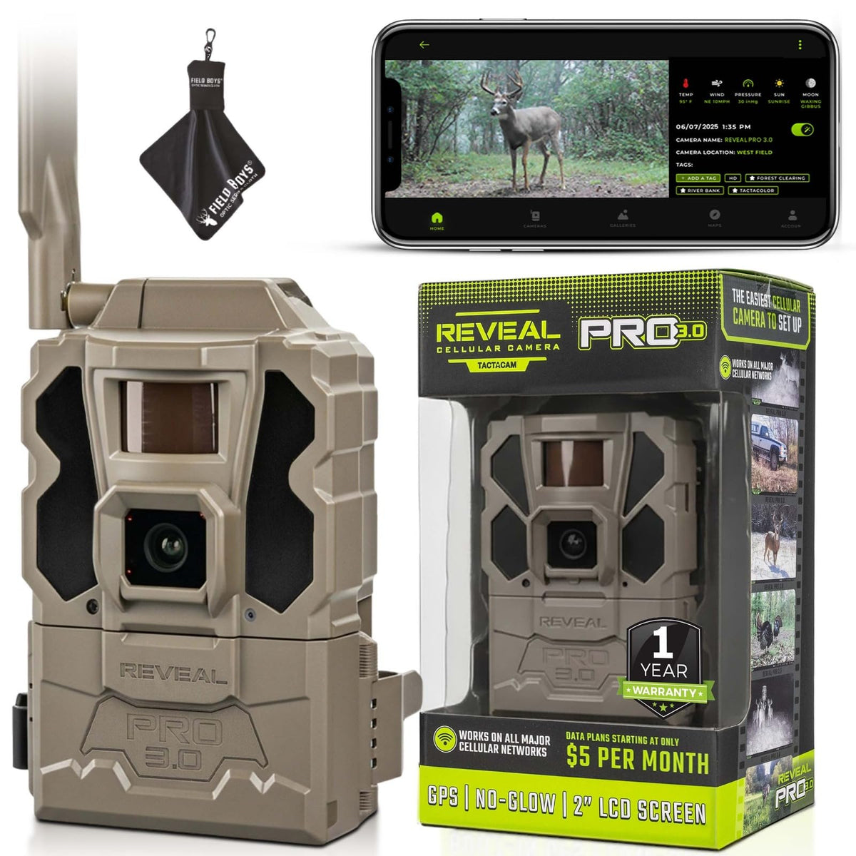 TACTACAM Reveal Pro 3.0 Cellular Trail Camera - Multi-Cellular Network, GPS, 2" LCD, No-Glow IR, Wi-Fi Enabled, HD Photos & 1080p Videos, Fast Trigger with Cleaning Cloth (2PK)