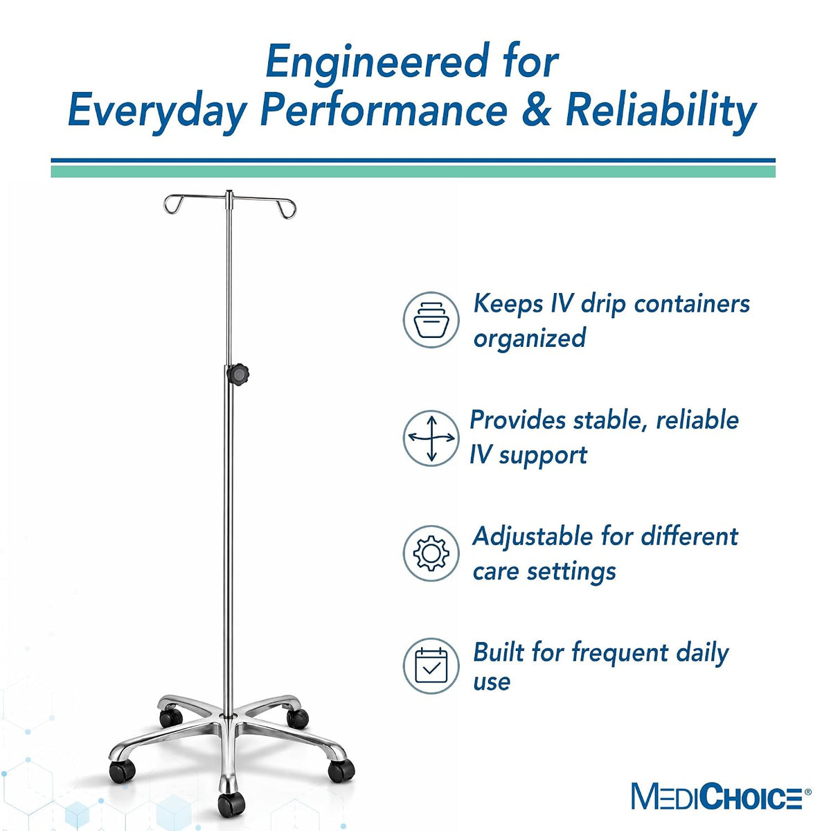 Medichoice IV Pole Rolling Stand â Adjustable 52â90 Inch Stainless Steel IV Stand with Wheels, 4 Hook IV Drip Holder, 5-Leg Base, 45 lb Capacity, Portable Medical IV Stand