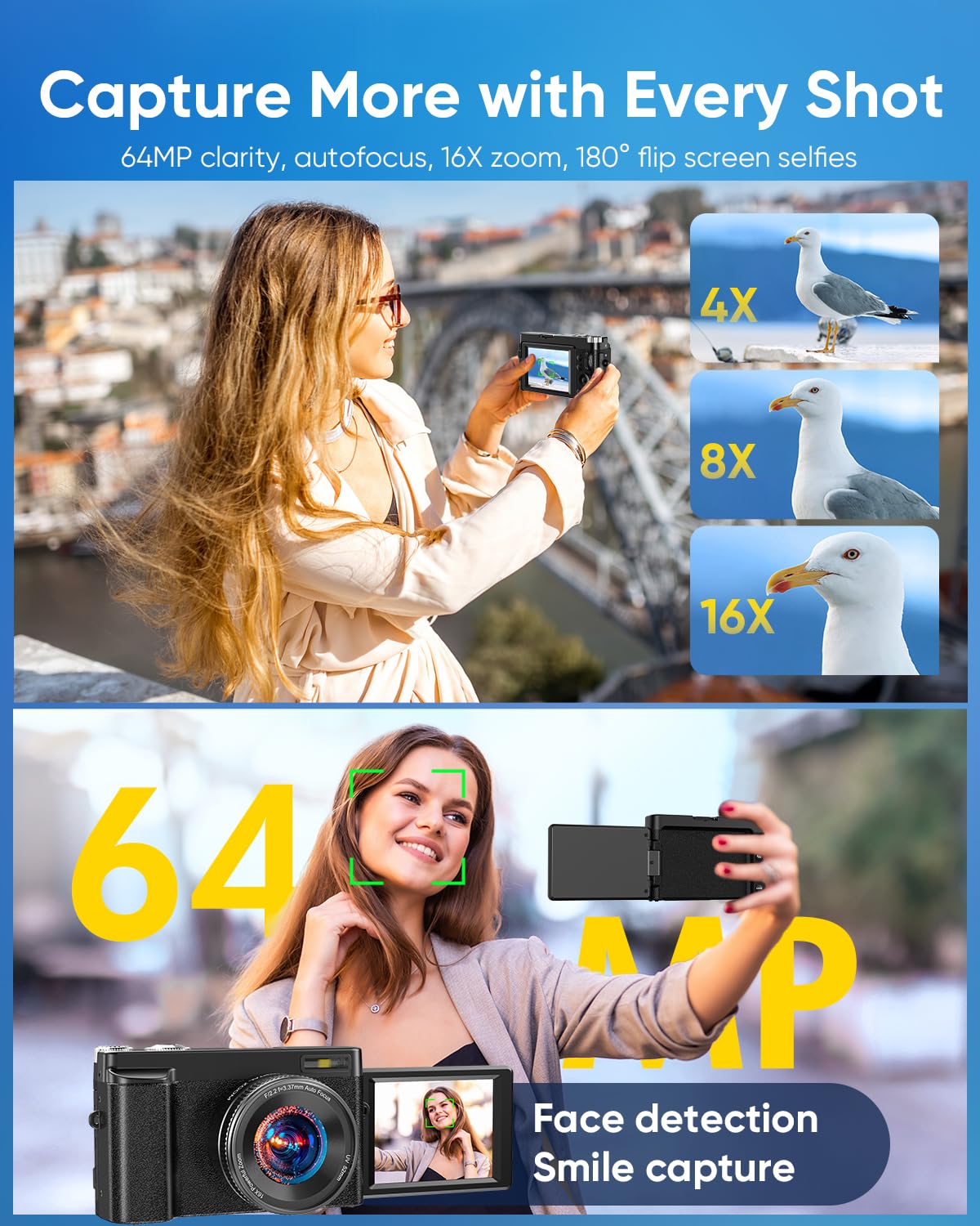 2026 Upgraded 64MP Digital Camera 4K WiFi 180Â° Flip Screen Autofocus, White