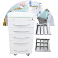 5-Drawer Mobile Storage Cabinet Stainless Steel Medical Storage Cart White Utility Trolley Cart with Glass Countertop, Lock, 2 Trays, Silent Gliding Rails for Home Clinic Hospital Office