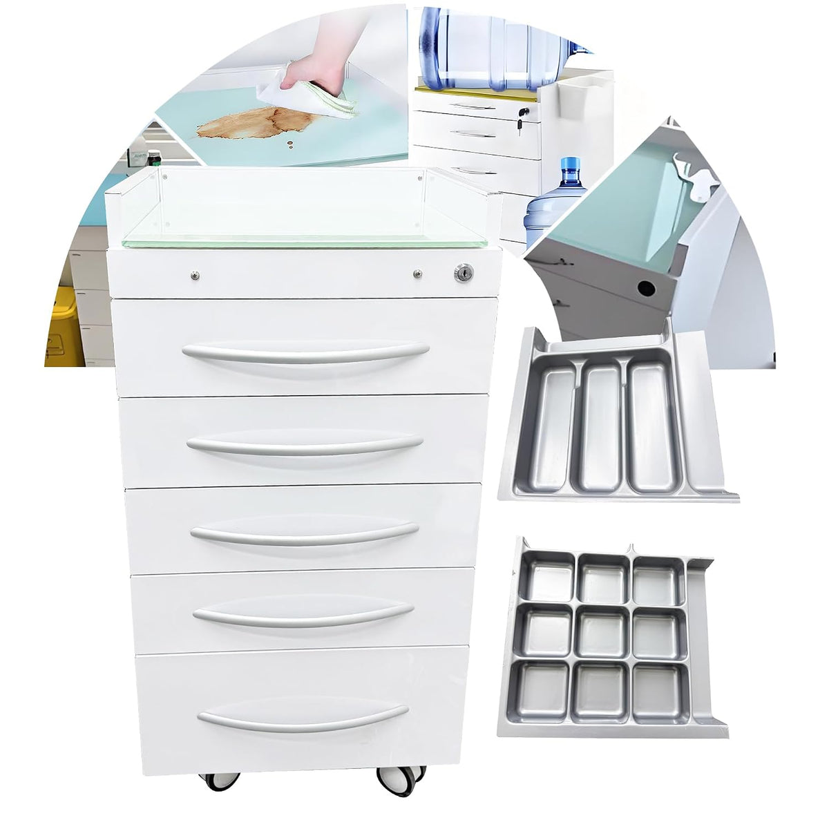 5-Drawer Mobile Storage Cabinet Stainless Steel Medical Storage Cart White Utility Trolley Cart with Glass Countertop, Lock, 2 Trays, Silent Gliding Rails for Home Clinic Hospital Office
