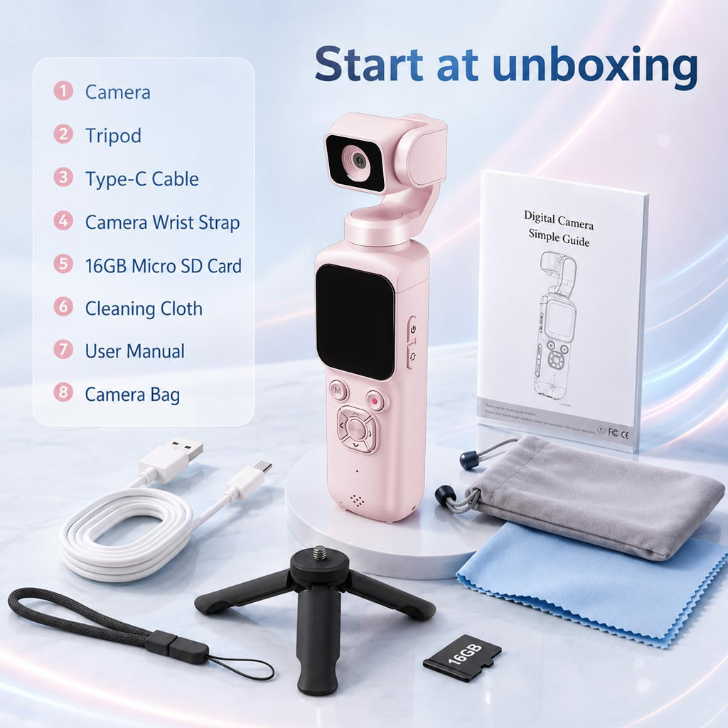 4K Vlogging Camera, Pocket Digital Camera, 330Â° Rotating Lens