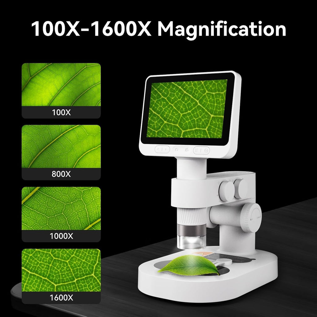 Digital Microscope 1600x, 4.0 Inch Portable Electronic Coin Microscope with 8 Adjustable LED Lights for Adults