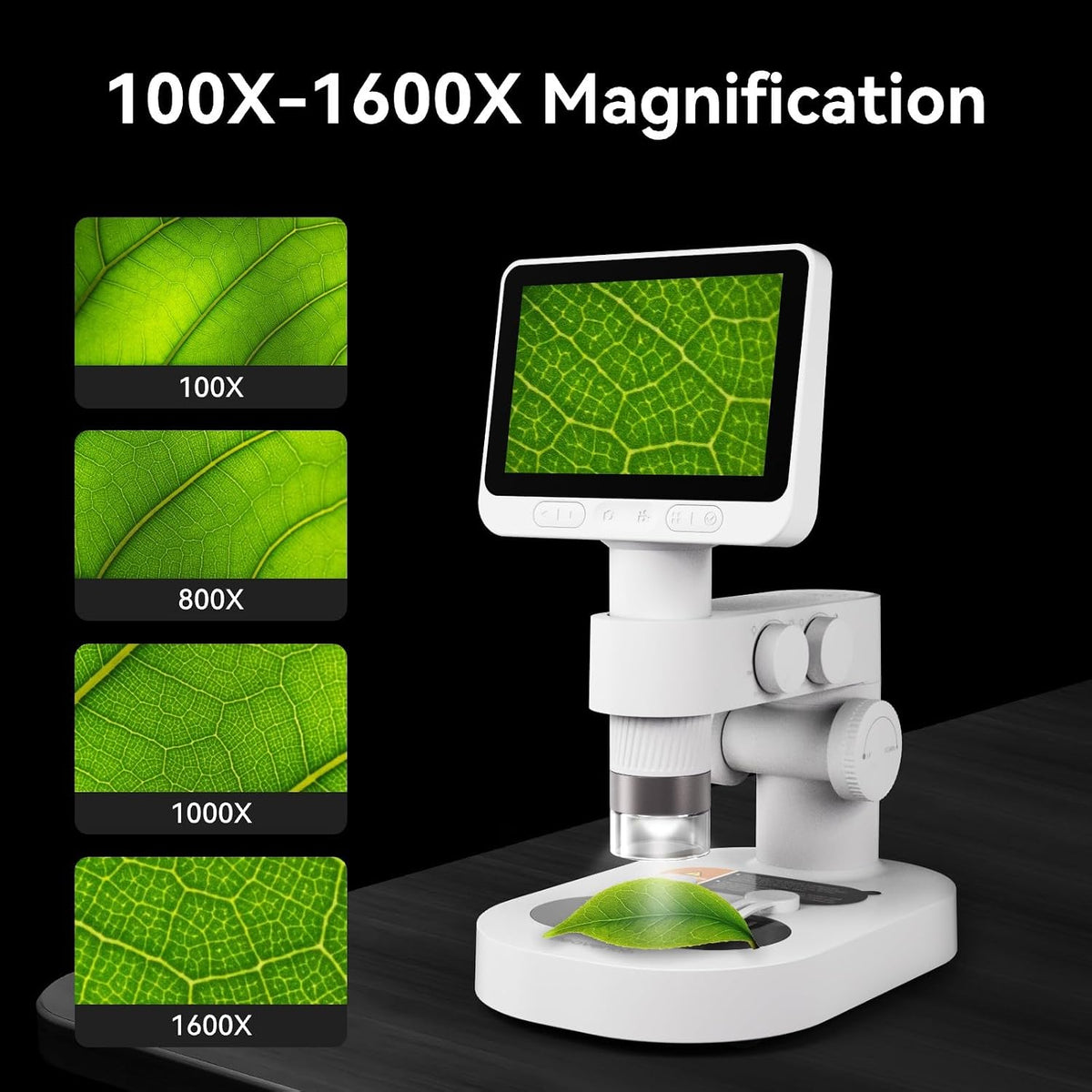 Digital Microscope 1600x, 4.0 Inch Portable Electronic Coin Microscope with 8 Adjustable LED Lights for Adults