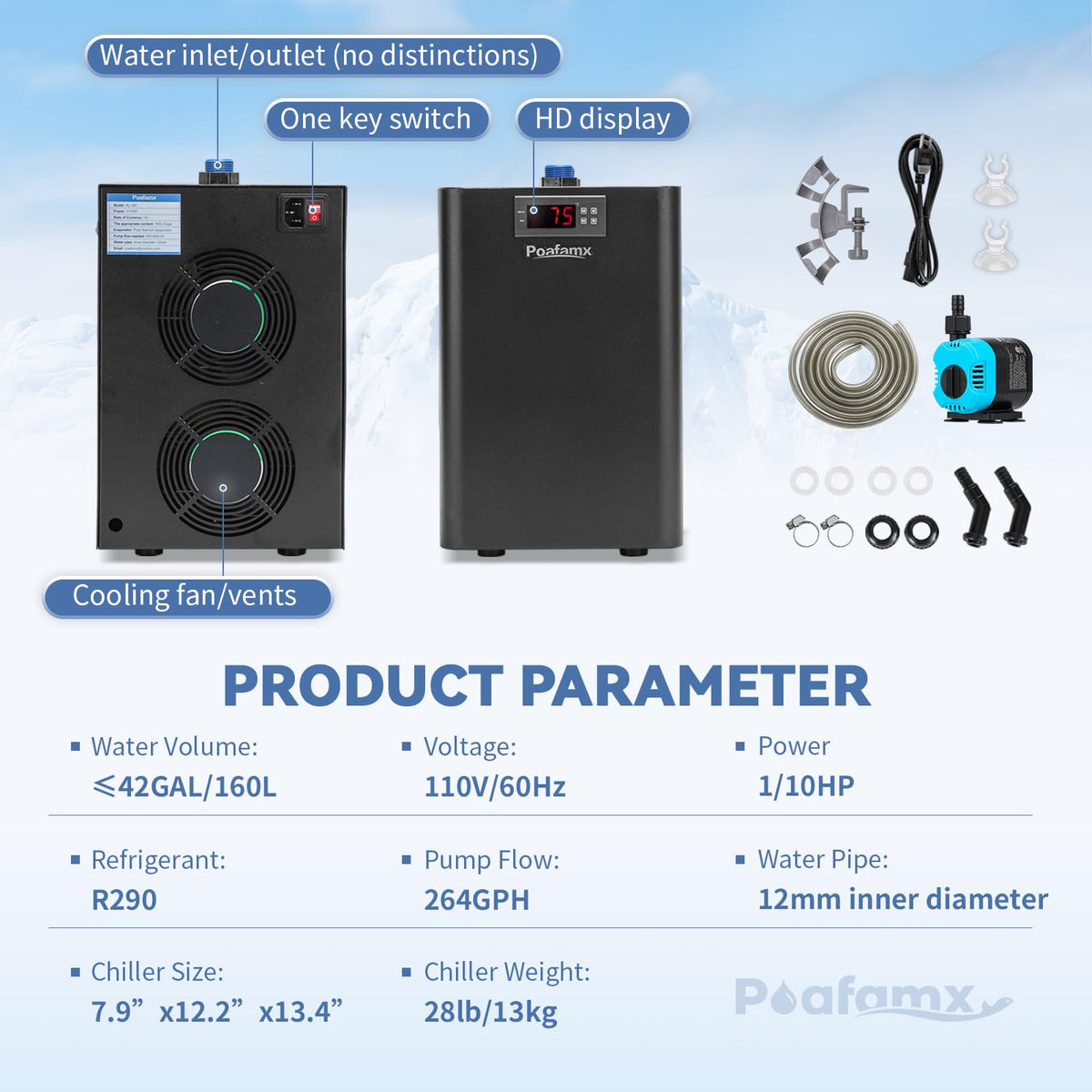 Poafamx 1/3 HP Aquarium Chiller, Quiet Fish Tank Water Chiller 40-80 Gal