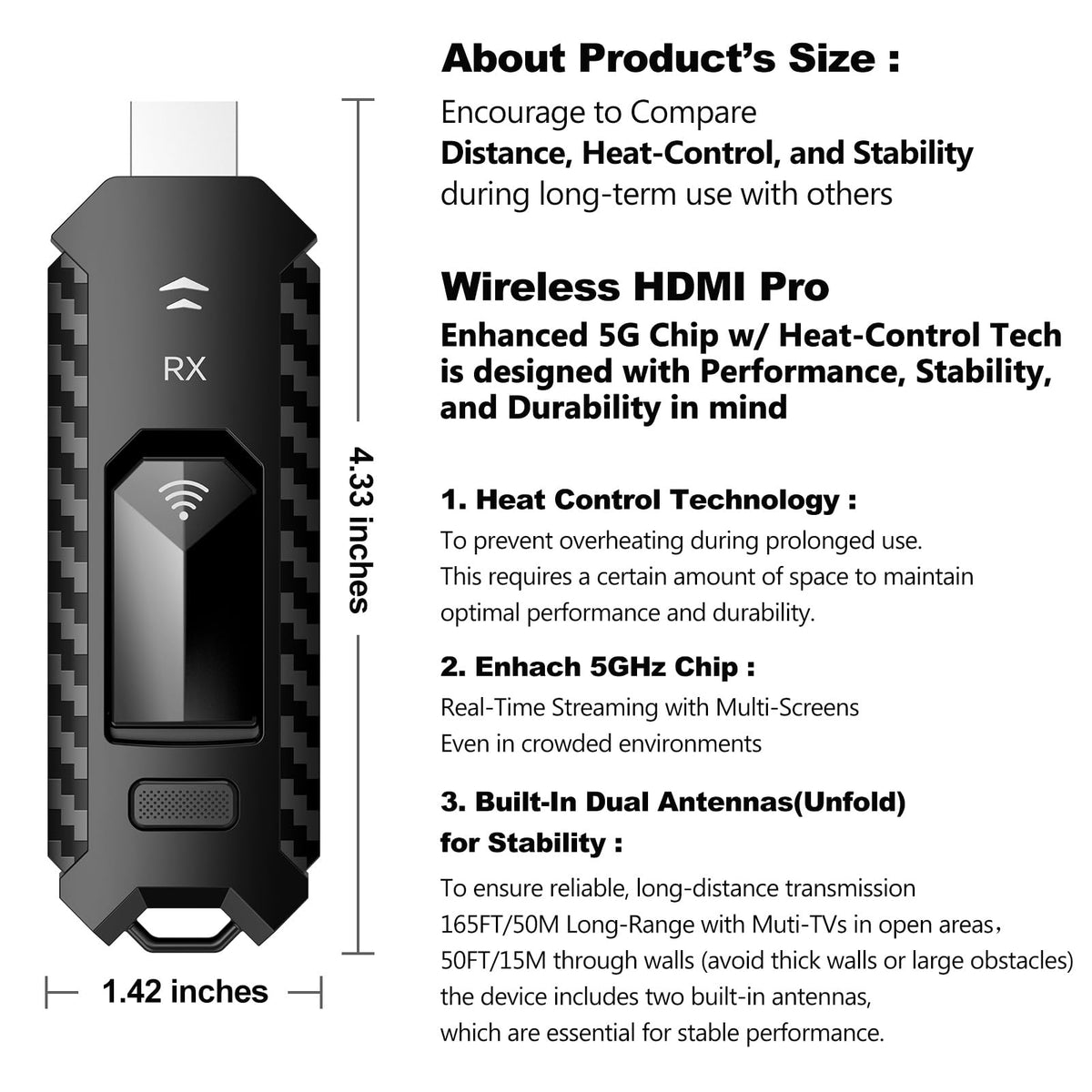 Wireless HDMI PRO- Transmitter and Four Receiver, Portable Multi-TVs Extender Kit, Plug and Play, Heat-Control, 5.8G/2.4G @60Hz 165FT/50M, Stream Video Wirelessly from Laptop to Multiple HDTVs/Monitor