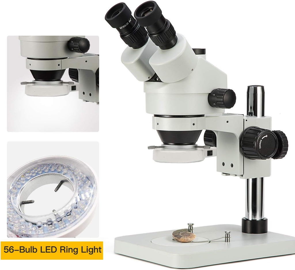 SWIFT Trinocular Stereo Zoom Microscope with 56-Bulb LED Ring Light,3.5X-90X Magnification,WF10X Eyepieces,0.7X-4.5X Zoom Objective, 0.5X 2.0X Additional Objectives,Table Pillar Stand