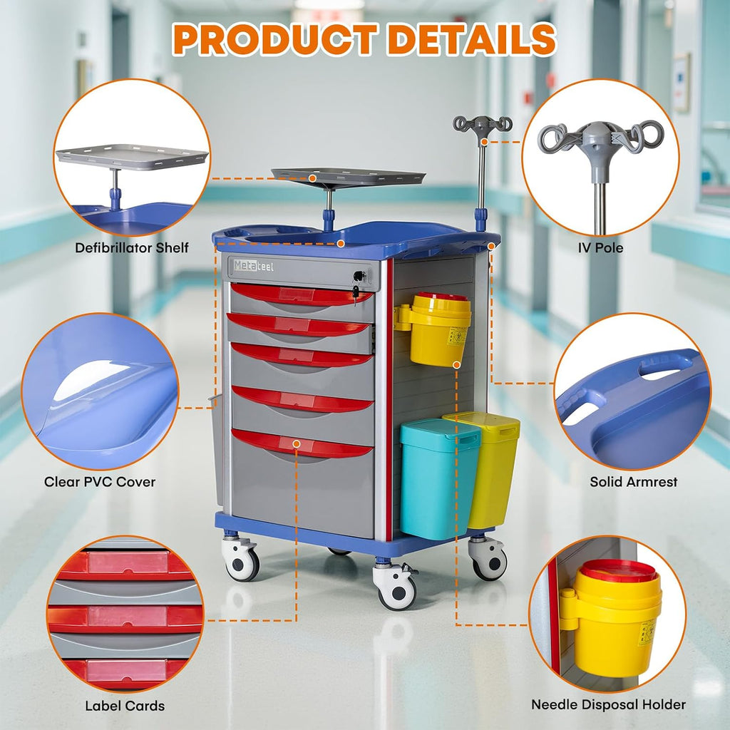 5-Tier Medical Cart with Wheels, Hospital Emergency Rolling Crash Carts with Adjustable IV Pole, Cardiac Board, O2 Holder, Power Strip, Trash Bin - Ideal Nursing Cart for Clinics, Hospitals