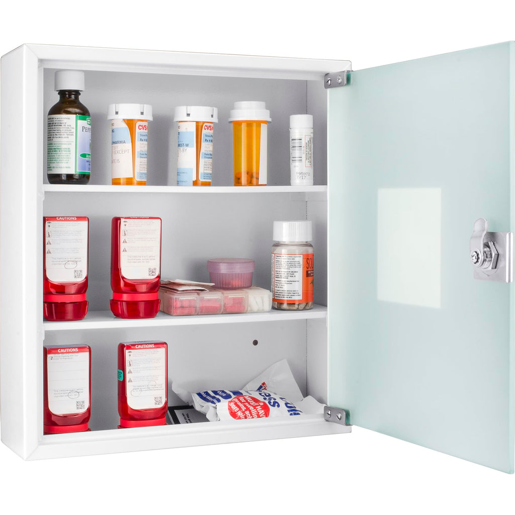 Barska Large Medical Cabinet â Locking Steel Medicine Storage Box with Shelves, Drop-Down Tray, Magnetic Dry Erase Pad, and Wall Mounting Holes - medicine cabinet organizer - Lock Box First Aid