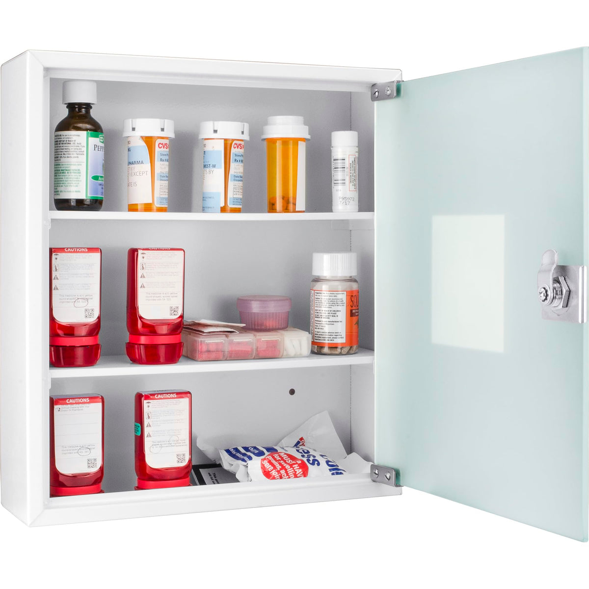 Barska Large Medical Cabinet â Locking Steel Medicine Storage Box with Shelves, Drop-Down Tray, Magnetic Dry Erase Pad, and Wall Mounting Holes - medicine cabinet organizer - Lock Box First Aid