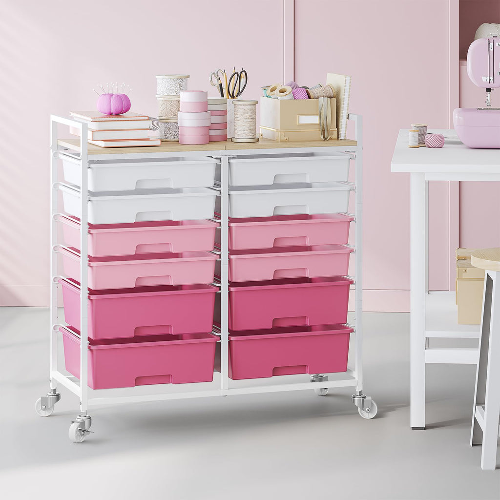 TOOLF 12 Drawers Rolling Storage Cart with Wooden Top for Classroom,White