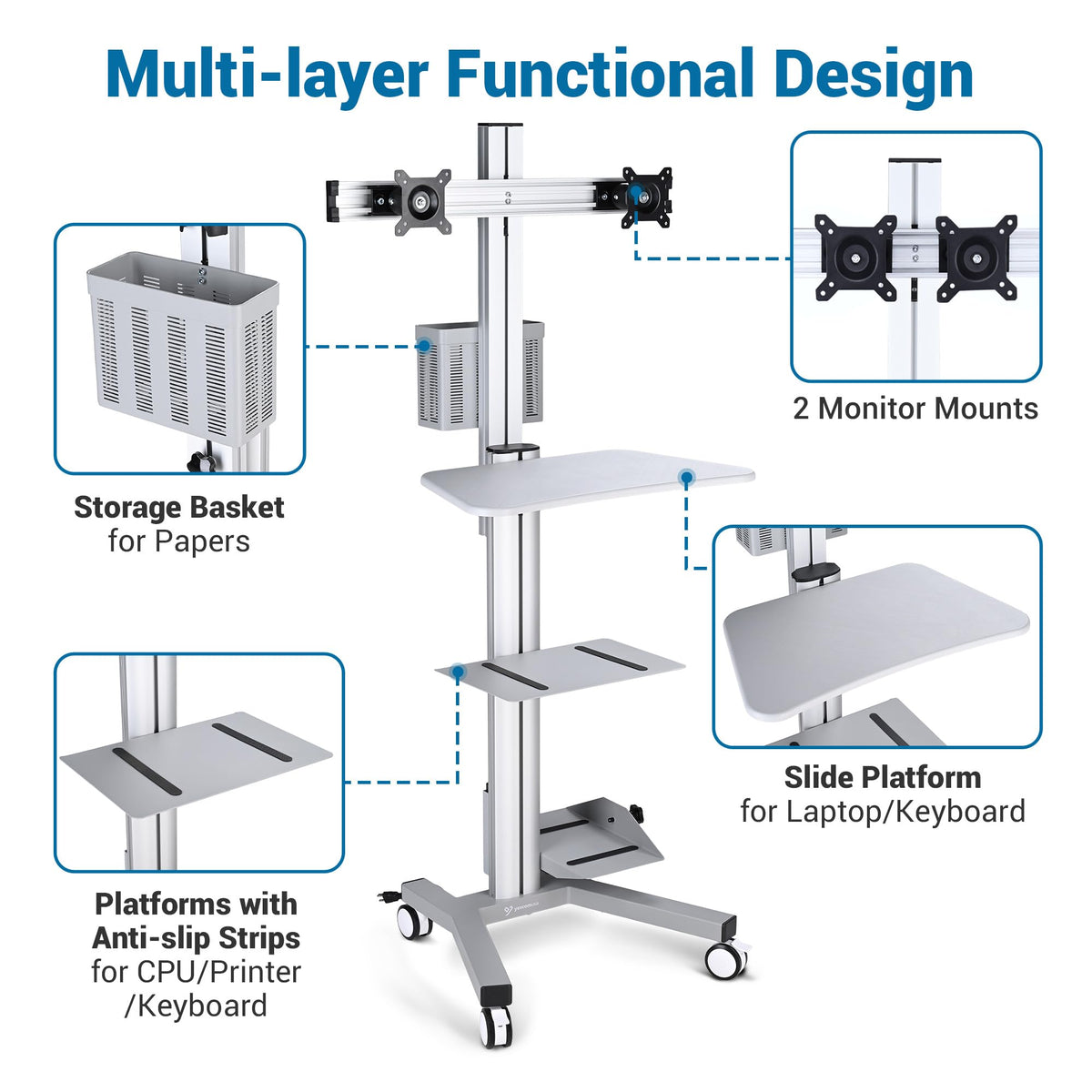 AW NexusX Commander Mobile Computer Cart Medical Rolling PC Stand Desk