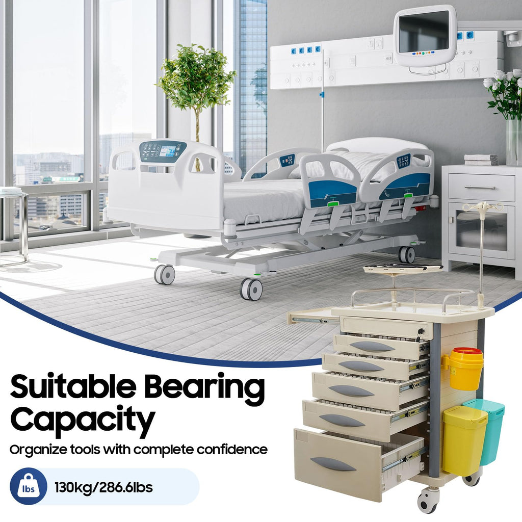 Medical Rolling Crash Cart with Accessories-CPR Board, 2 Trash Bin, Power Strip, Drawers with Dividers, Mobile Medical Cart for Clinic, Hospital, Nursing Center, Salon, 29.53 * 18.7 * 37.4in (Red)