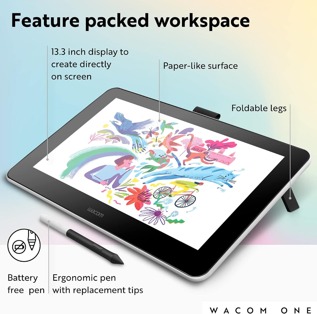 Wacom One HD Creative Pen Display, Drawing Tablet with Screen, 13.3" Graphics Monitor; Works with Mac, PC & Chromebook, Photo/Video Editing, Drawing & Education Old Gen (2019)