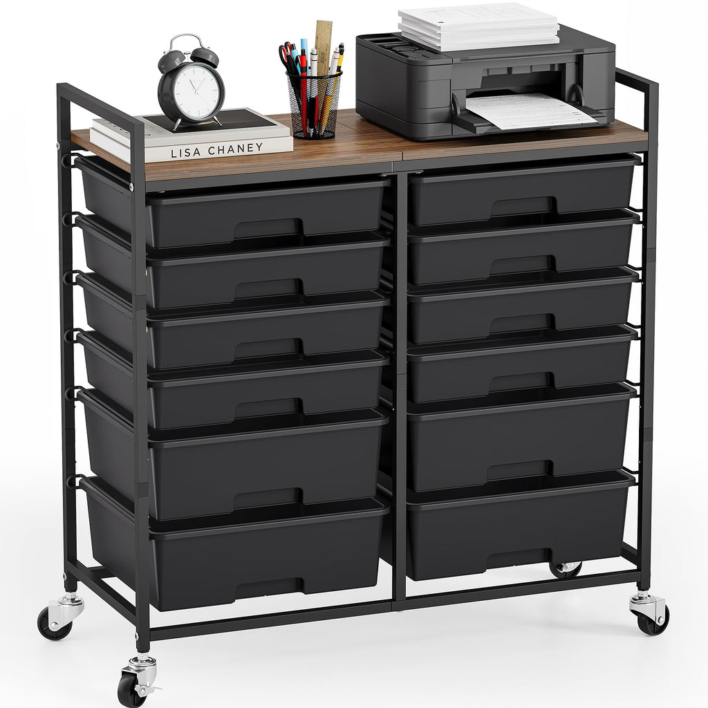 TOOLF 12 Drawers Rolling Storage Cart with Wooden Top for Classroom,White