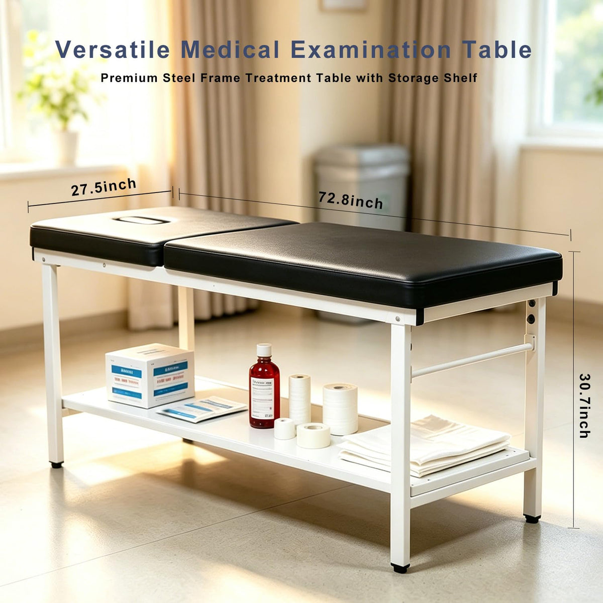 Adjustable Exam Table with Paper Roll Dispenser & Shelf, Physical Therapy Medical Exam Table, Patient Examination Bed, Durable, Low Maintenance and Holds Up to 400 Lbs (Black)