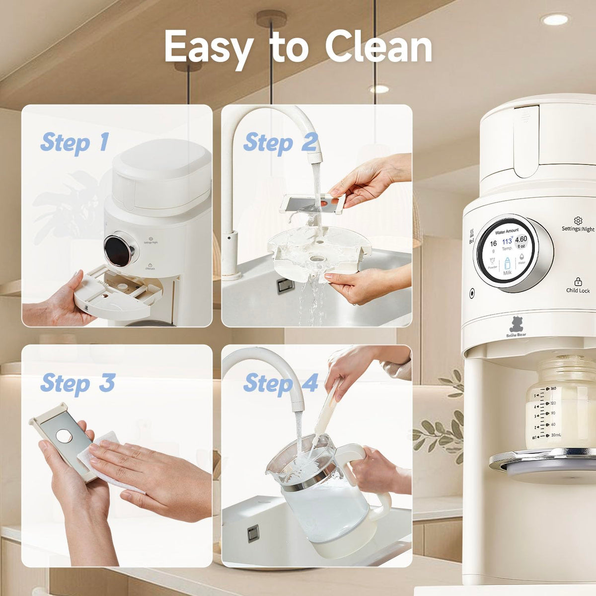 Snow Bear Baby Formula MakerâOne Touch Warm Formula Dispenser, Precise Powder Water Ratio & Memory Setting,Sealed Powder Container,Auto Lifting Platform for No Mess fit Most BottleâShake Milk by Hand