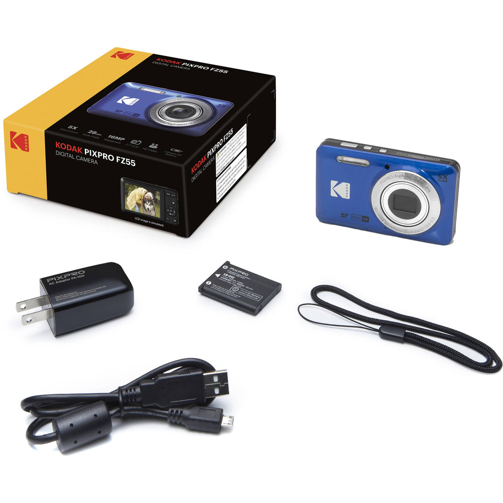 Kodak PIXPRO FZ55 Black 16MP Digital Camera 5X Optical Zoom 28mm Wide Angle 1080P Full HD Video 2.7" LCD Camera + 64GB Card and Reader + Memory Wallet