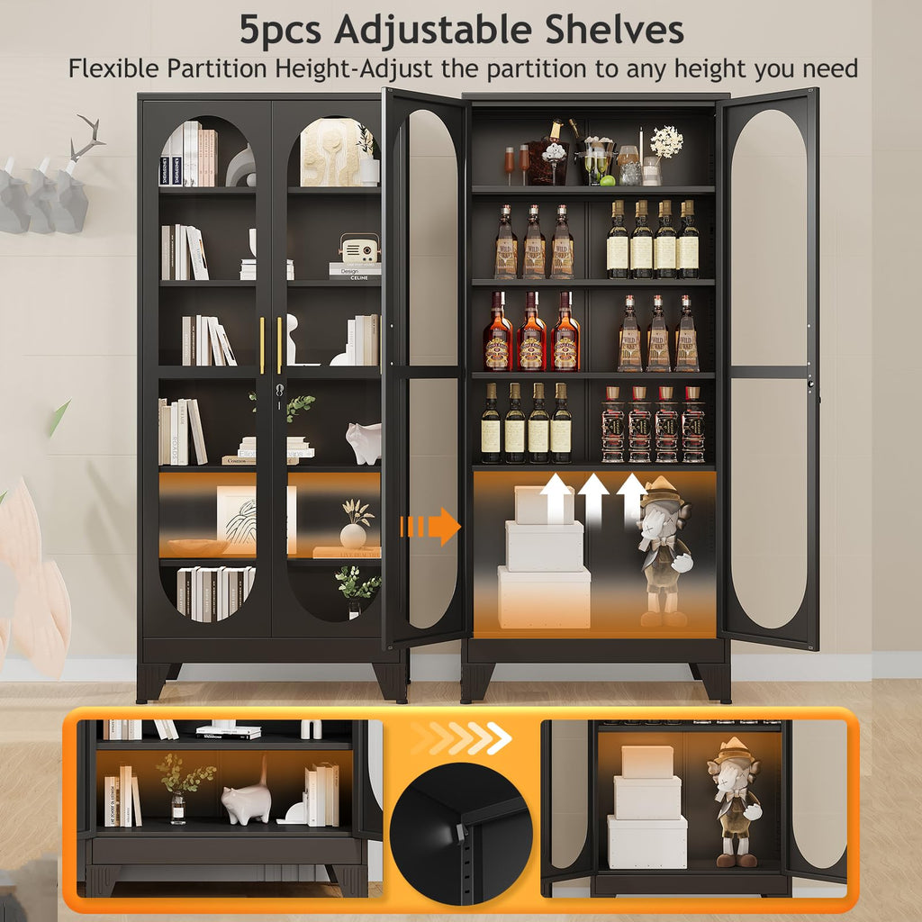 PAOFIN 47" H Locking Display Cabinet with Glass Door, Metal Cabinets with 3 Adjustable Shelves, Cabinet Display Case for Living Room, Collectibles, Clinic, Home - Assembly Required White