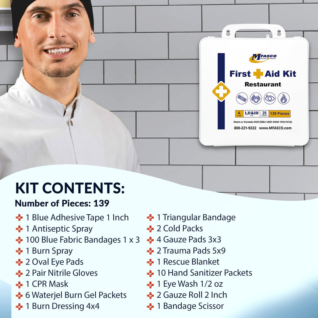 MFASCO Restaurant First Aid Kit - 2 Shelf Metal Cabinet, OSHA 2021 Class A