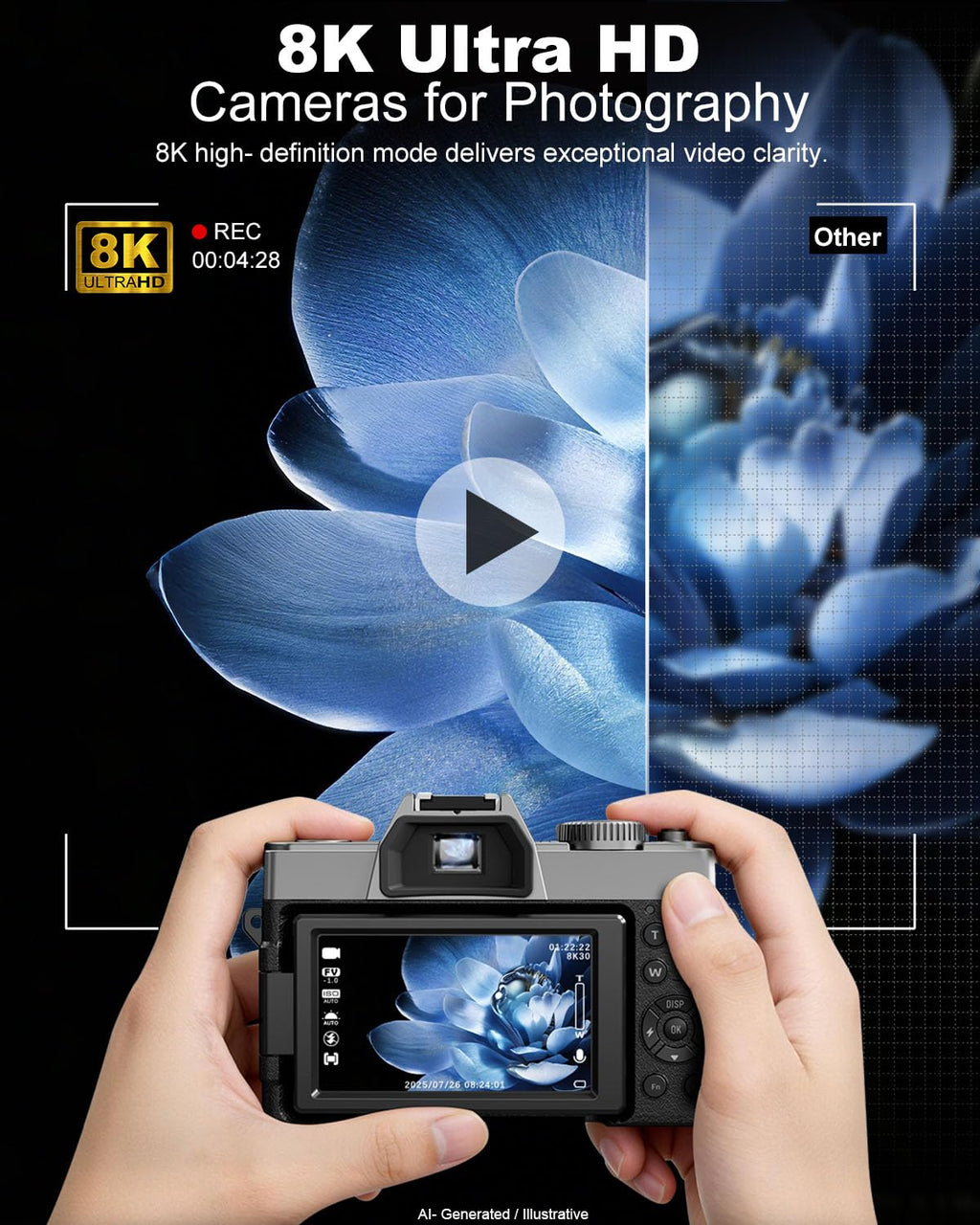 True 8K 64MP Digital Camera for Photography with Microphone(Black)