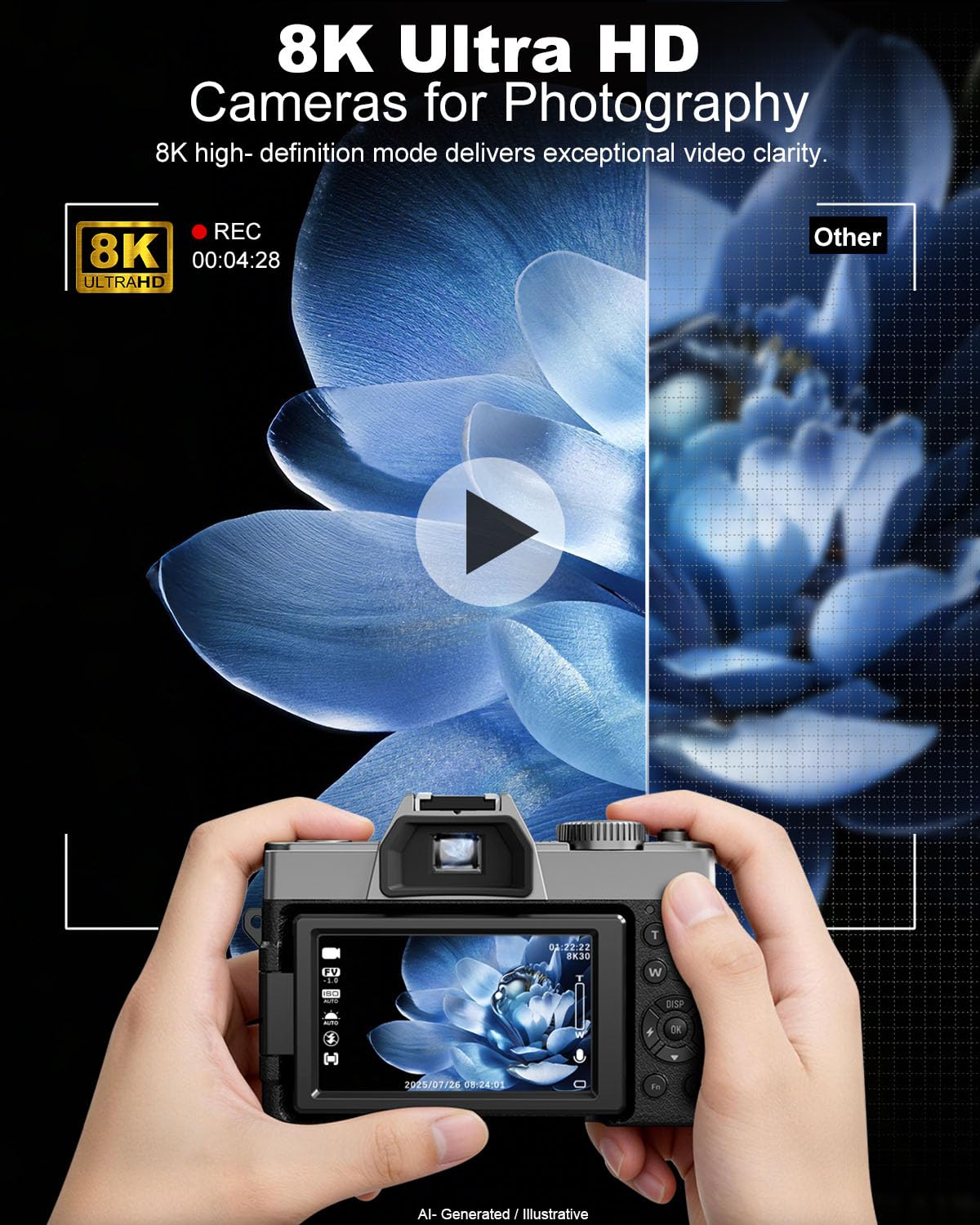 True 8K 64MP Digital Camera for Photography with Microphone(Black)