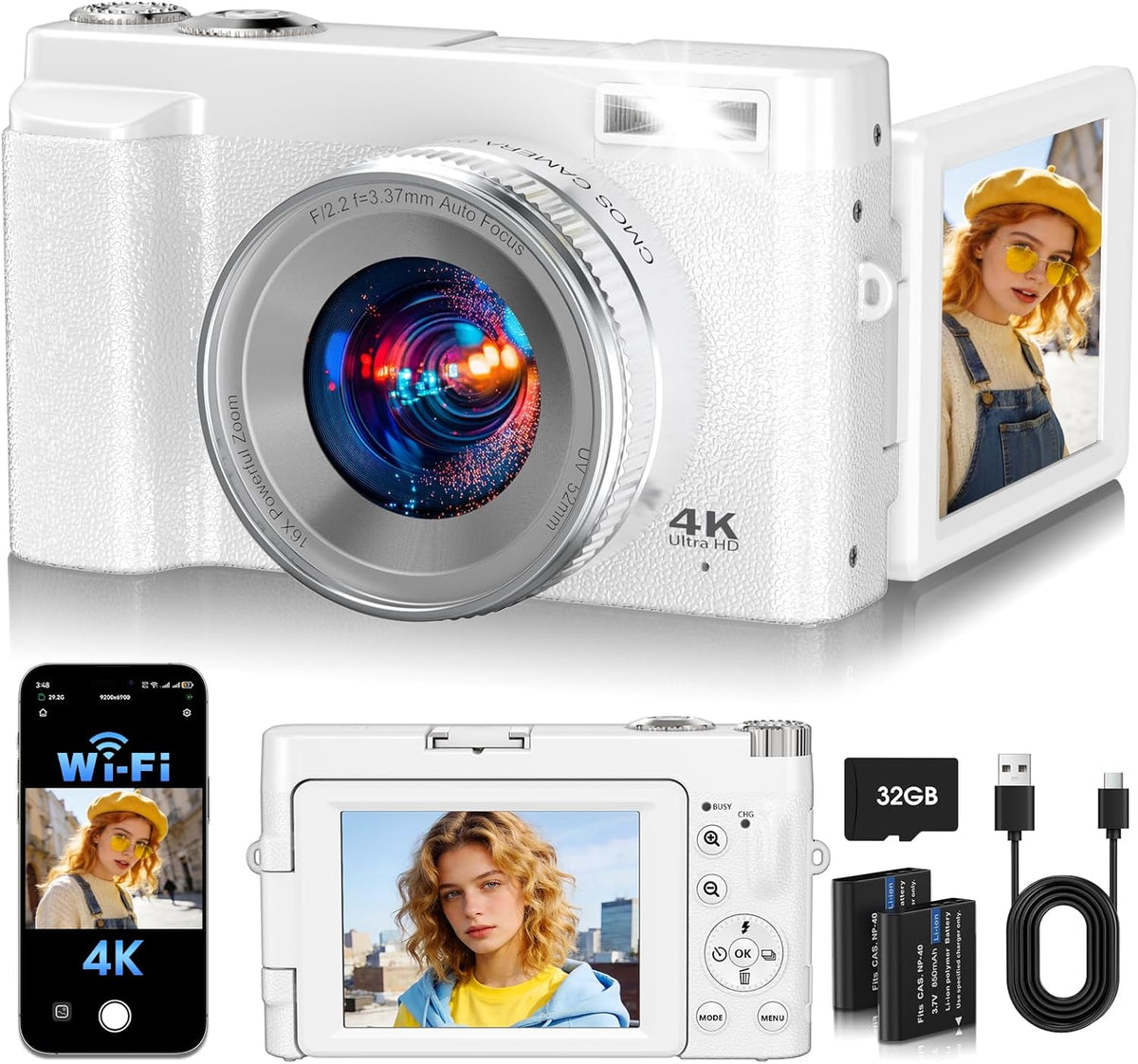 2026 Upgraded 64MP Digital Camera 4K WiFi 180Â° Flip Screen Autofocus, White