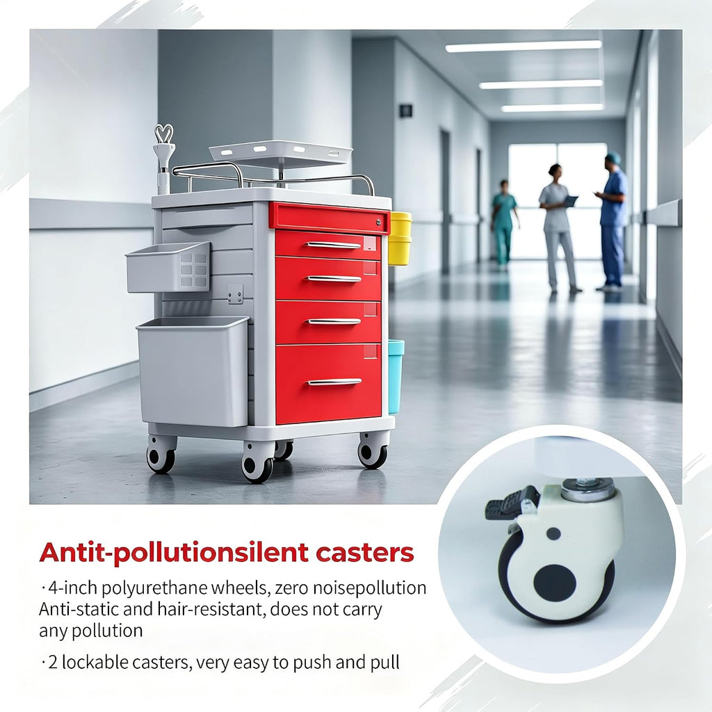 FDA Approved 4-Tier Medical Crash Cart with Auto-Sensing LED Lights