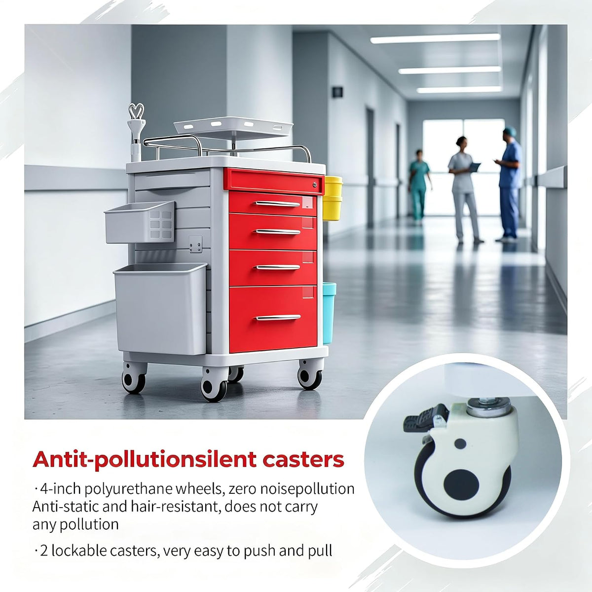 FDA Approved 4-Tier Medical Crash Cart with Auto-Sensing LED Lights