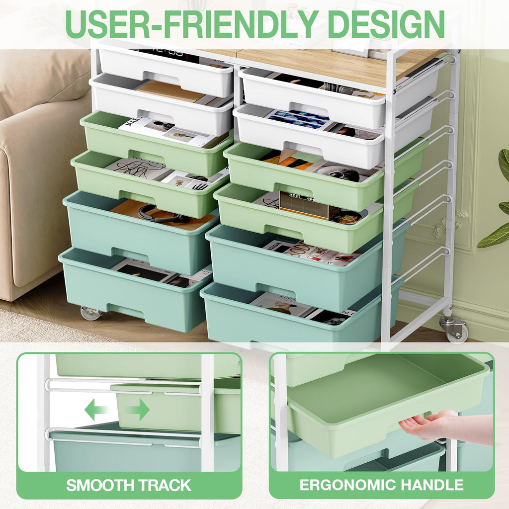 TOOLF 12 Drawers Rolling Storage Cart with Wooden Top for Classroom,White