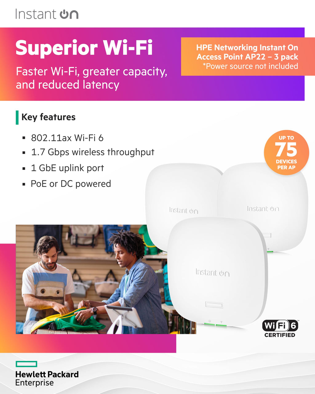 aruba Instant On AP22 .11ax 2x2 WiFi Access Point | US Model | Power Source Included (R6M49A)