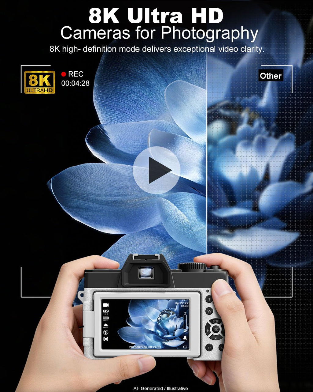 True 8K 64MP Digital Camera for Photography with Microphone(Black)