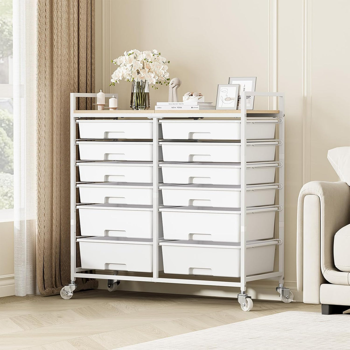 TOOLF 12 Drawers Rolling Storage Cart with Wooden Top for Classroom,White
