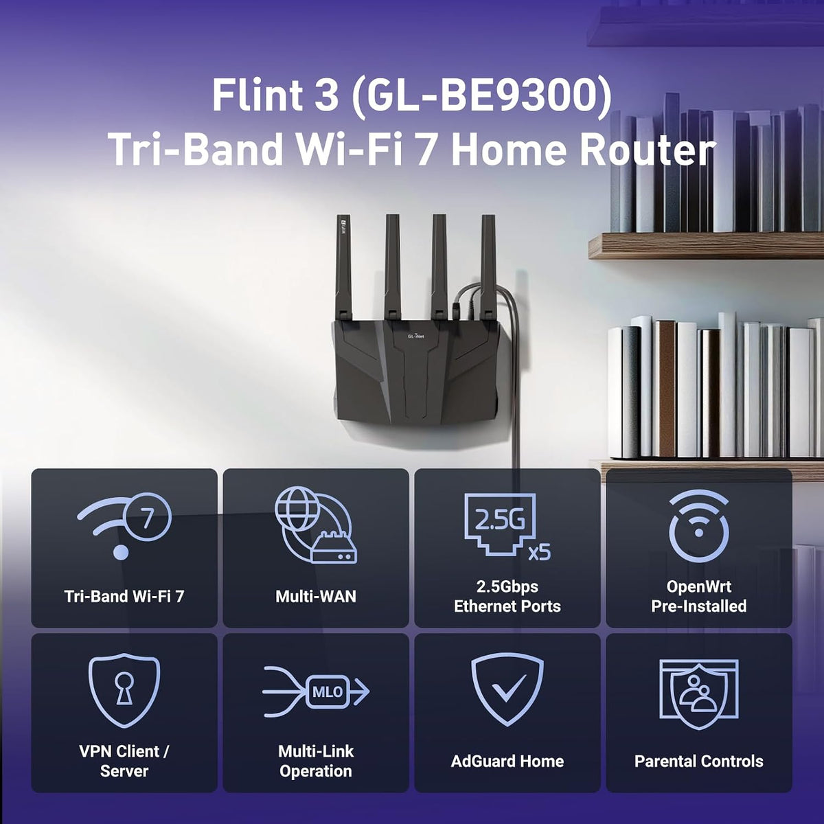 GL.iNet GL-BE9300 Flint 3 Tri-Band Wi-Fi 7 Router 5 x 2.5G VPN Router