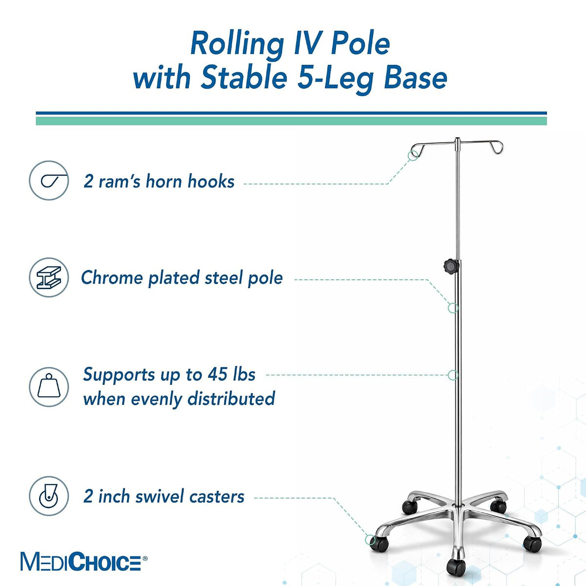 Medichoice IV Pole Rolling Stand â Adjustable 52â90 Inch Stainless Steel IV Stand with Wheels, 4 Hook IV Drip Holder, 5-Leg Base, 45 lb Capacity, Portable Medical IV Stand