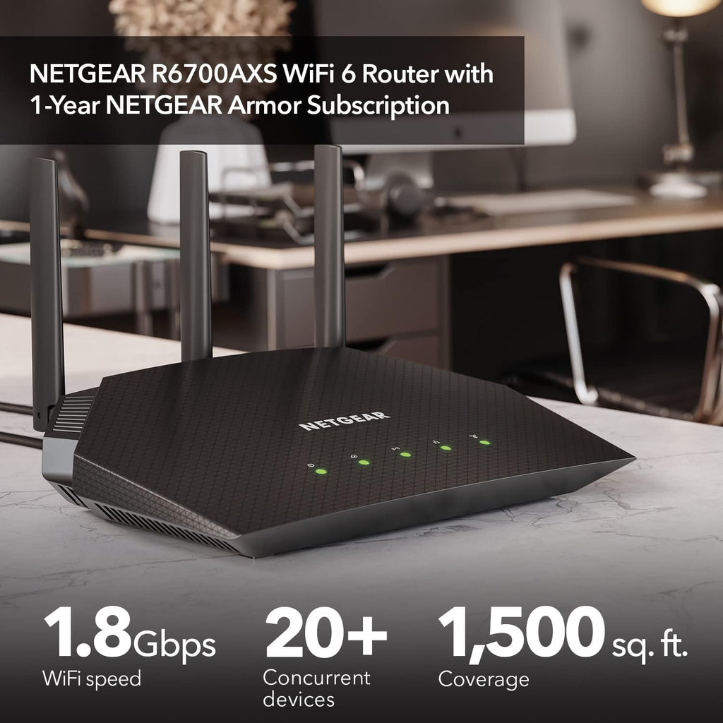 NETGEAR 4-Stream WiFi 6 Router (R6700AXS) â with 1-Year Armor Internet Security - AX1800 Wireless Speed (Up to 1.8 Gbps) | Coverage up to 1,500 sq. ft., 20+ Devices