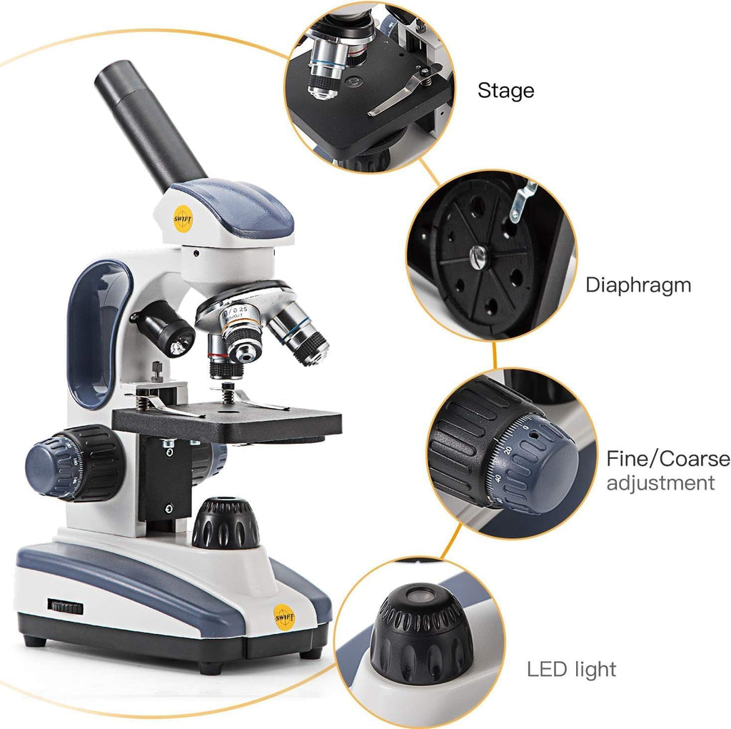 SWIFT Compound Monocular Microscope SW200DL with 40X-1000X Magnification, Dual Light, Precision Fine Focus, Wide-Field 25X Eyepiece and Cordless Capability for Student Beginner