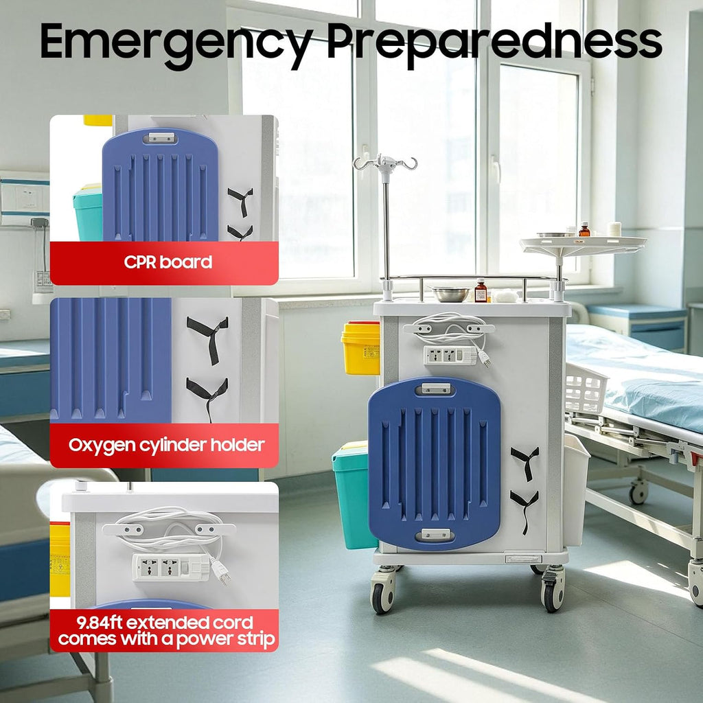 Medical Rolling Crash Cart with Accessories-CPR Board, 2 Trash Bin, Power Strip, Drawers with Dividers, Mobile Medical Cart for Clinic, Hospital, Nursing Center, Salon, 29.53 * 18.7 * 37.4in (Red)