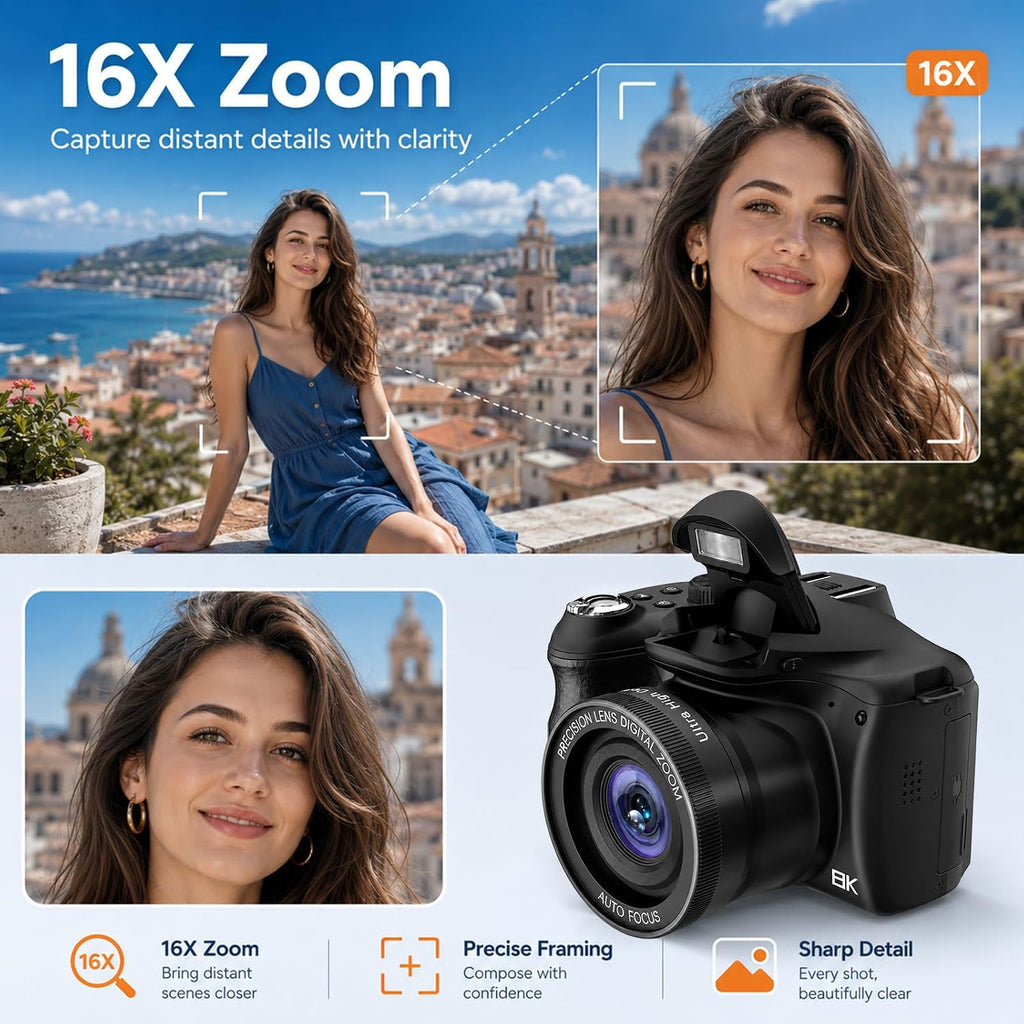 Vlogging Camera with Dual-View Recording, WiFi & Dual Cameras, 2000mAh, 8K