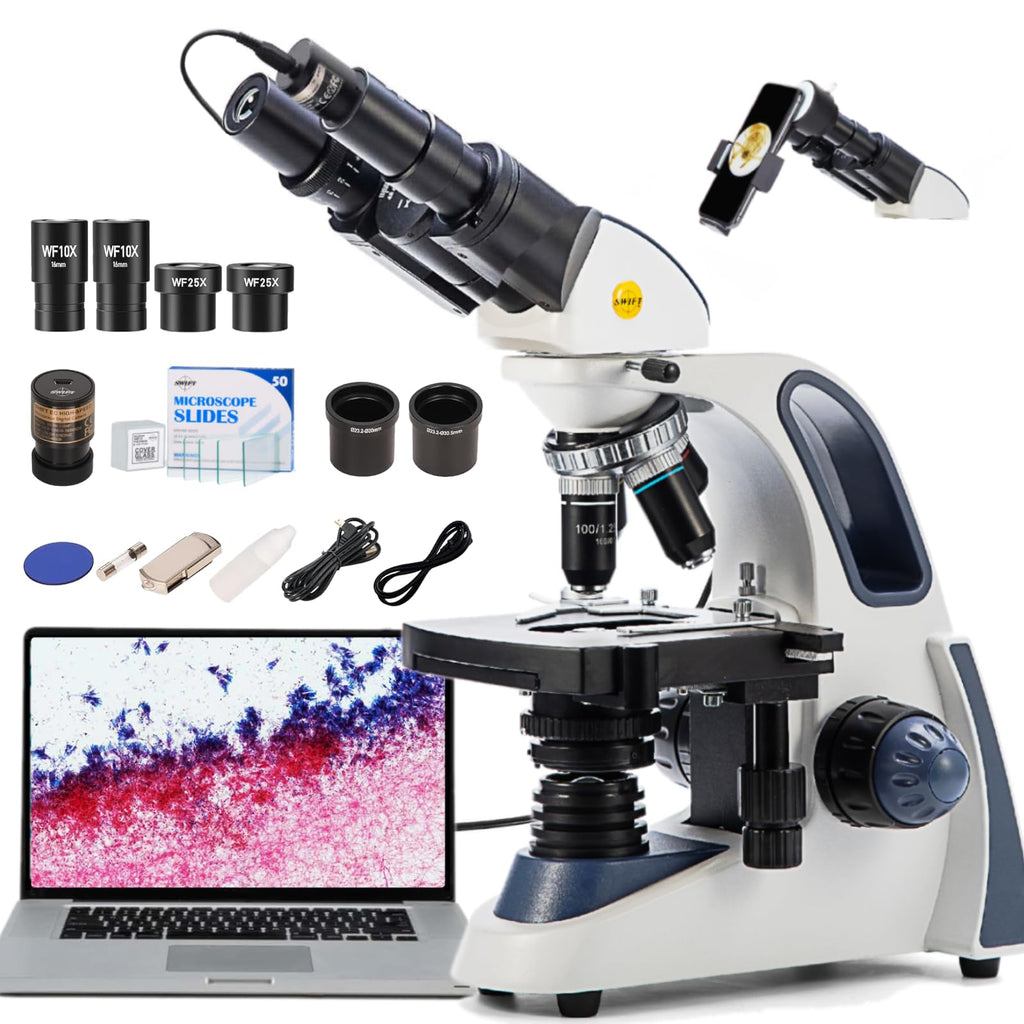 SWIFT SW380B 40X-2500X Magnification, Siedentopf Head, Research-Grade Binocular Compound Lab Microscope with Wide-Field 10X and 25X Eyepieces, Mechanical Stage, Ultra-Precise Focusing