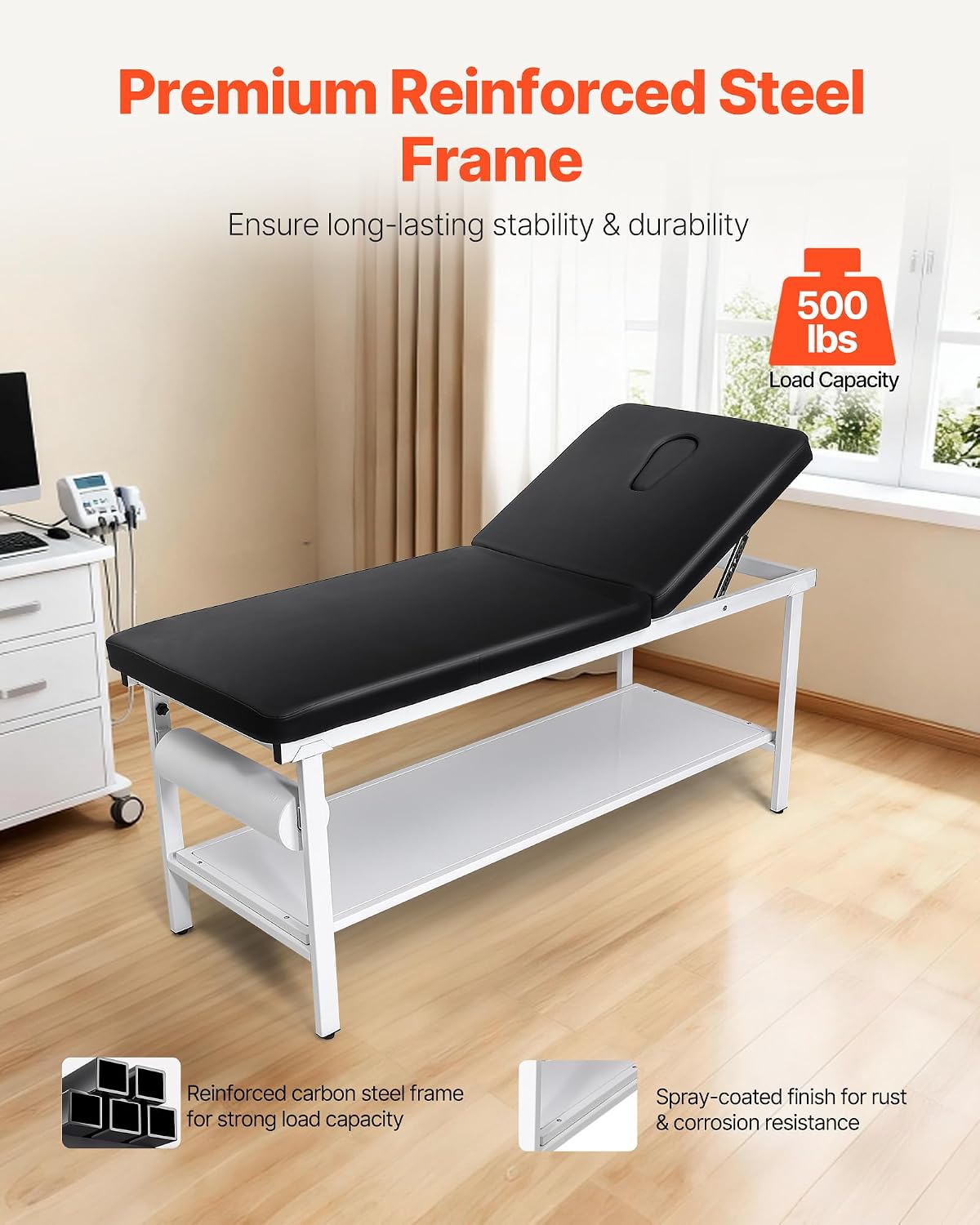 VEVOR Medical Exam Table, 500LBS Loading Medical Examination Bed with 0Â°â40Â° Adjustable Backrest, Physical Therapy Exam Table with Storage Shelf & Paper Roll Dispenser for Hospital Clinic Rehab Center