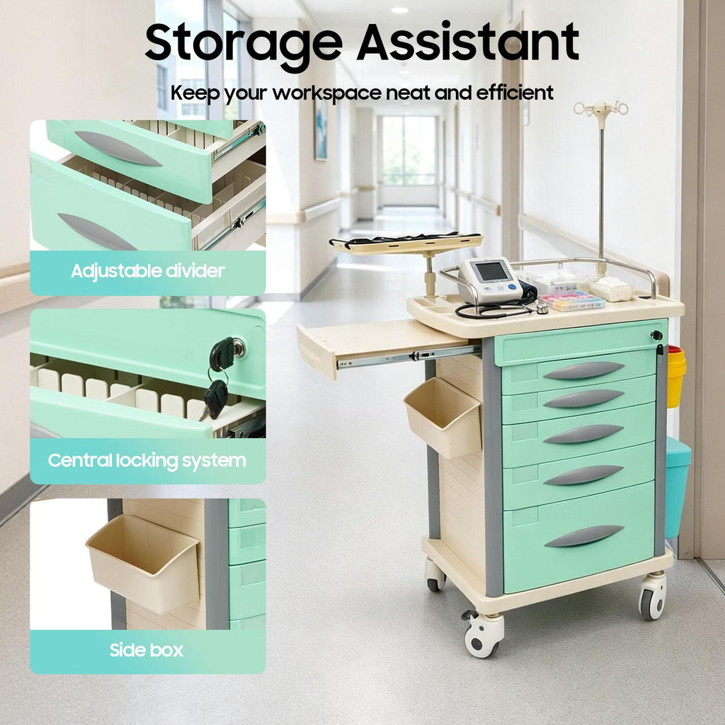 Medical Rolling Crash Cart with Accessories-CPR Board, 2 Trash Bin, Power Strip, Drawers with Dividers, Mobile Medical Cart for Clinic, Hospital, Nursing Center, Salon, 29.53 * 18.7 * 37.4in (Red)