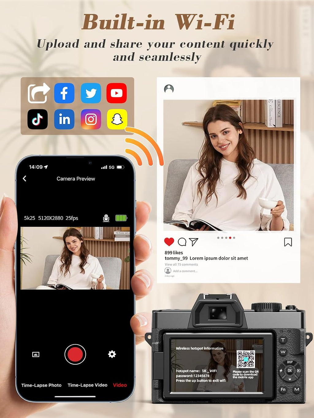 True 5K 64MP Digital Camera for Photography(Black)